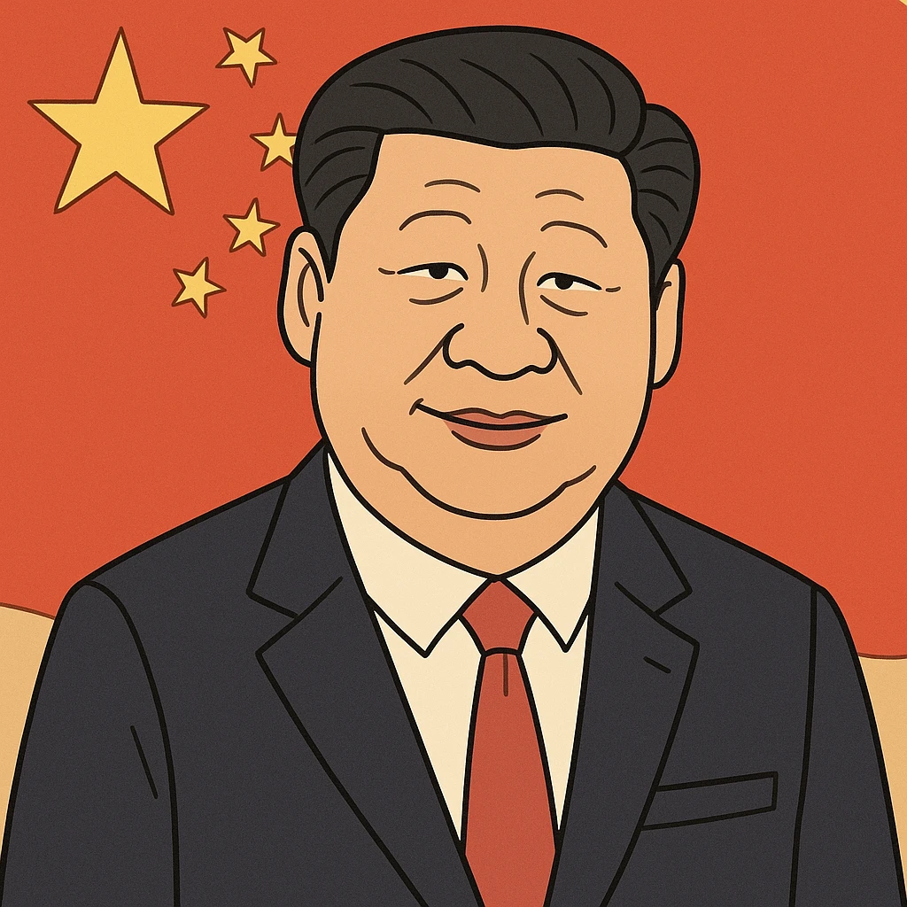 Xi Jinping, with Chinese flag in background, flat toon style emoji