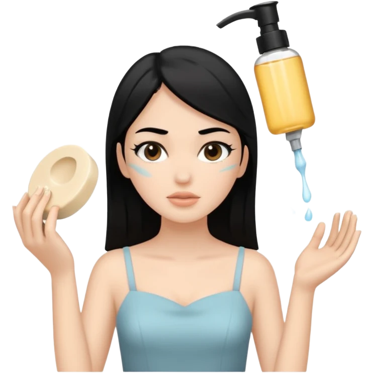 White girl with black hair in beige dress getting a facial cleansing emoji