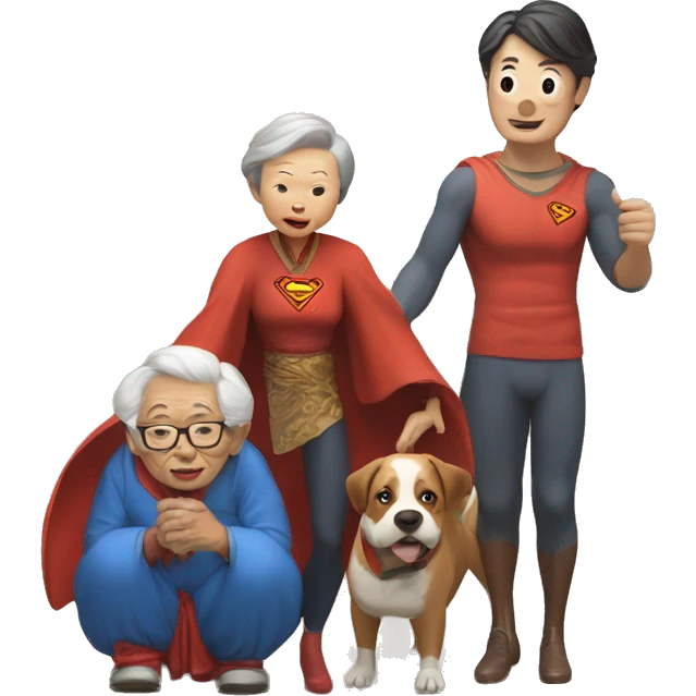 Superman juggling an old Chinese lady, a dog and family emoji