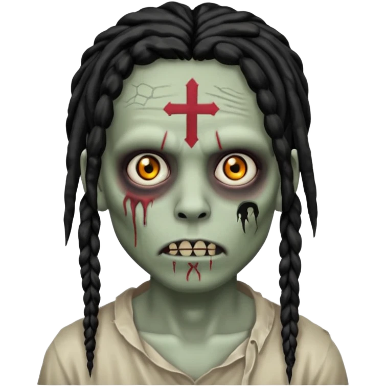 Zombie with black dreads with chinky eyes and a cross tattoo on right cheek emoji