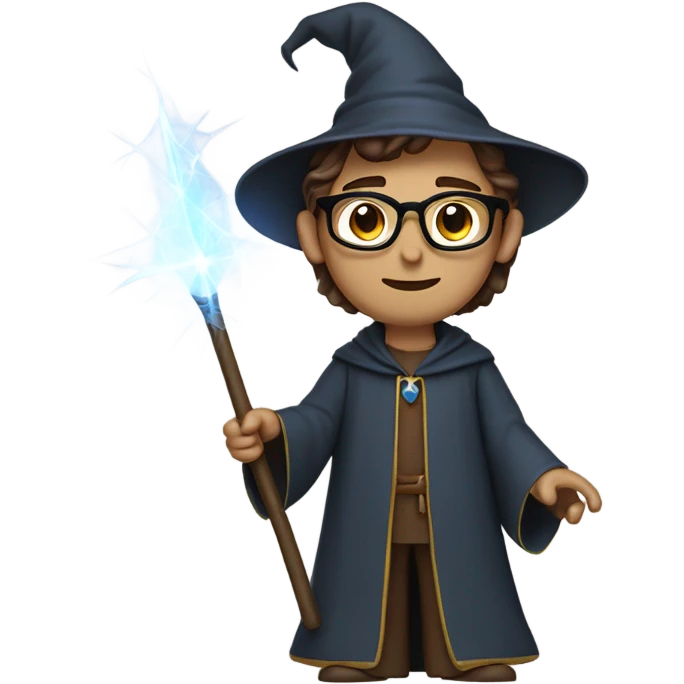 wizard with wand with brown hair, glasses, and no beard emoji