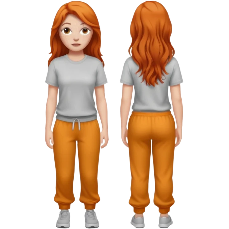 A white girl with freckles long lashes plump lips and ginger long hair pretty and she’s wearing a white shirt full body with grey sweatpants on emoji