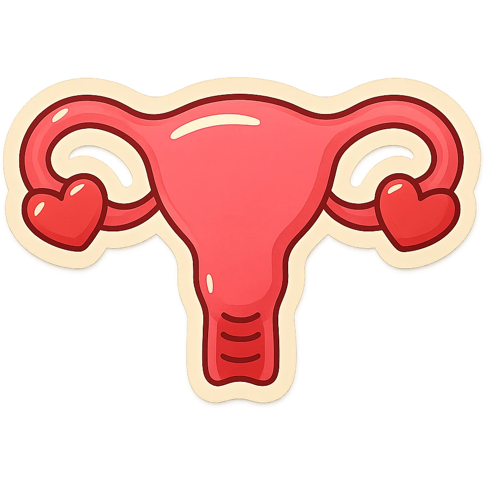 Retro stickers style variant of a uterus with hearts on the ovaries, soft rounded shapes, expressive contours, vintage color palette, light paper texture, shadows and highlights, transparent background. emoji