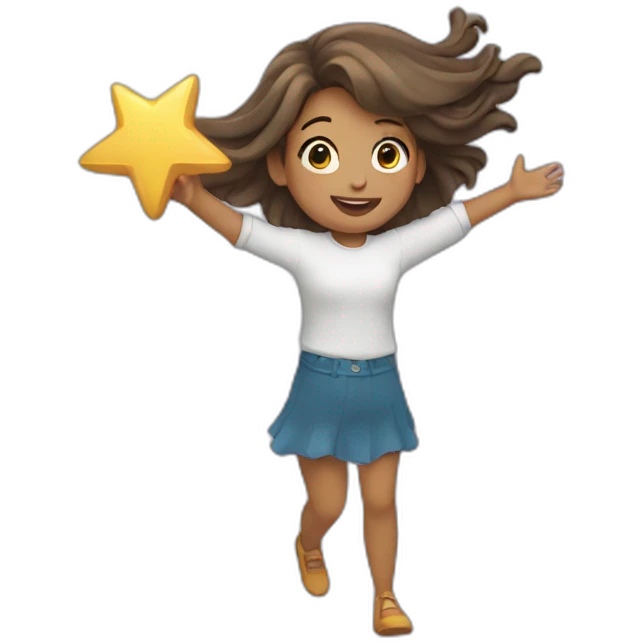 Girl with waving hair holding a star in hands while flying emoji