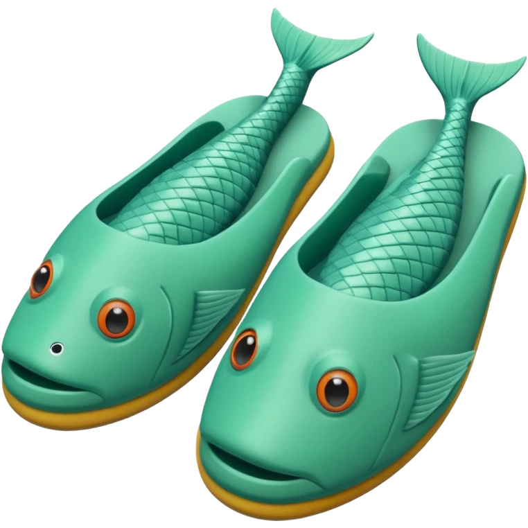 slightly green rubber pool slippers with carp eyes on the top and fish tail in the back emoji