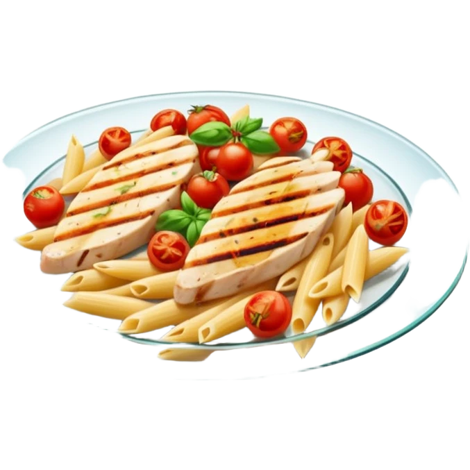 penne with cherry tomatoes and grilled chicken on a glass plate emoji