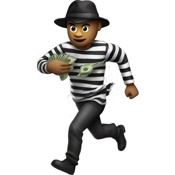 Robber in striped black and white shirt, black hat and bag of money on his back running right emoji