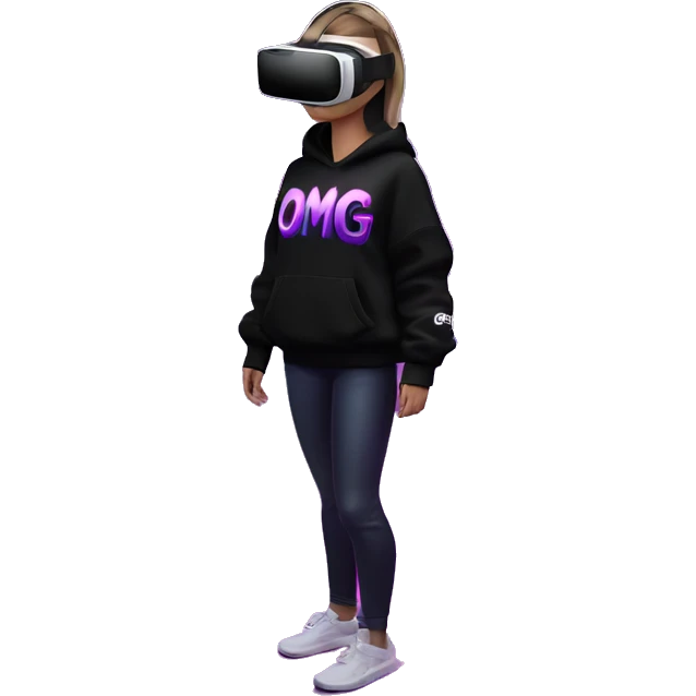 Russian girl wearing black hoody with violet letters "OMG", in vr headset oculus quest2. Standing like jedi. Cyberpunk style. Violet neon. emoji