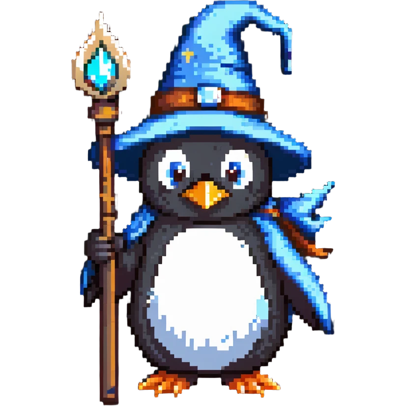 penguin wizard with a staff and wizard hat emoji
