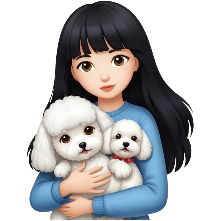 A beautiful girl with long black hair and bangs hugs a Bichon Frise tightly emoji