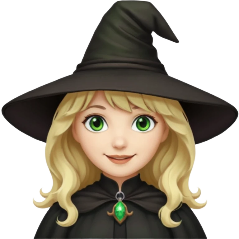 Mulher, branca, cabelos loiros e ondulados com uma franja, olhos verdes e roupa e chapéu de bruxa emoji