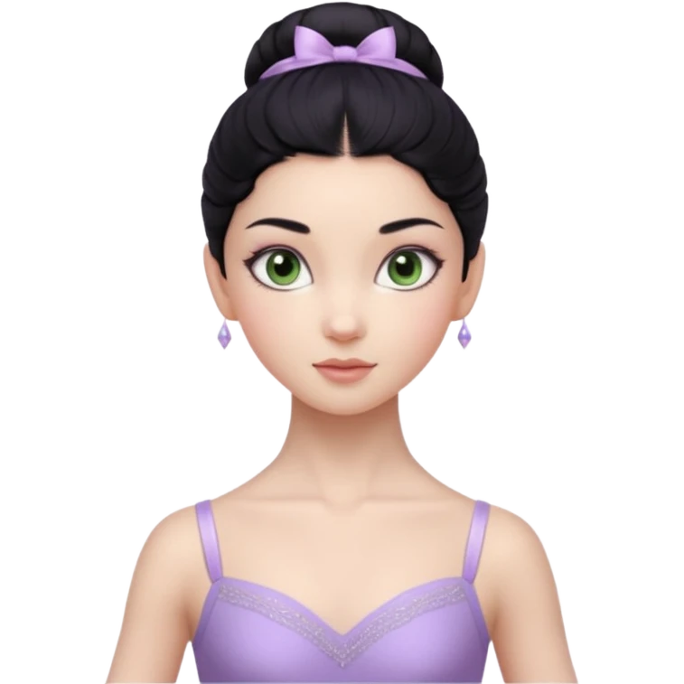 Cinematic Realistic ballerina Light Purple Portrait, depicted with lifelike skin texture, subtle rosy undertones, and soft natural lighting that enhances the gentle contours of her face. Her intricately detailed sweet black hair is elegantly styled, green eyes emoji