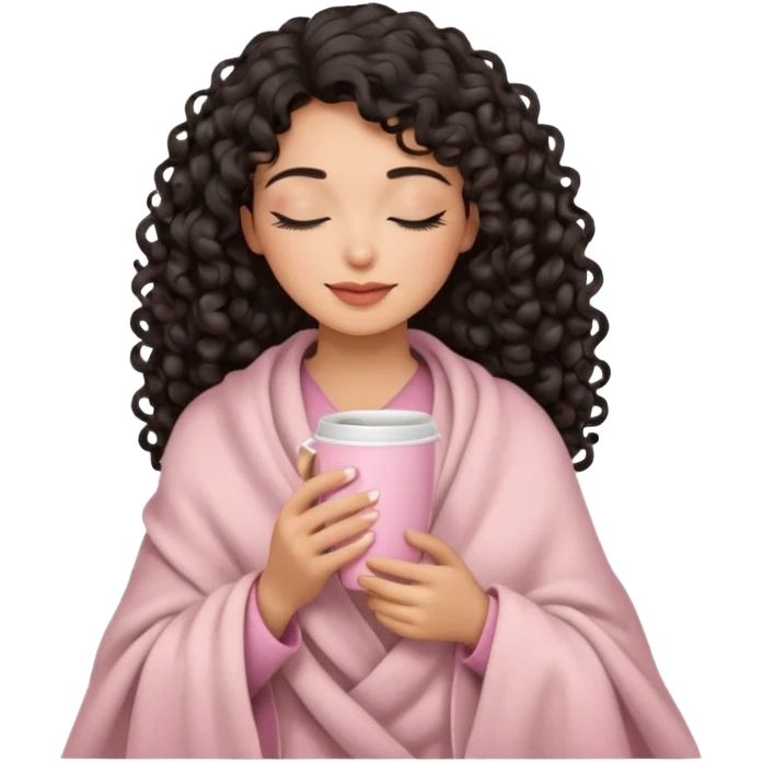 hispanic woman, black long 3b curls, closed eyes, feminine face, holding soft pink coffee cup with beige blanket over shoulders emoji