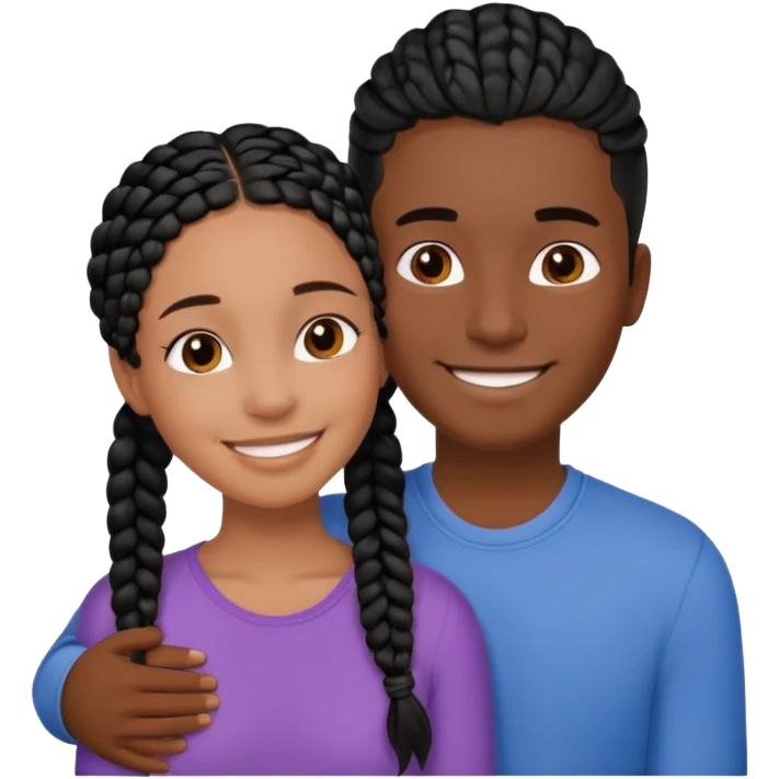 Dark black girl with black braids, smiling, and embracing her tan white boyfriend with straight brown hair emoji