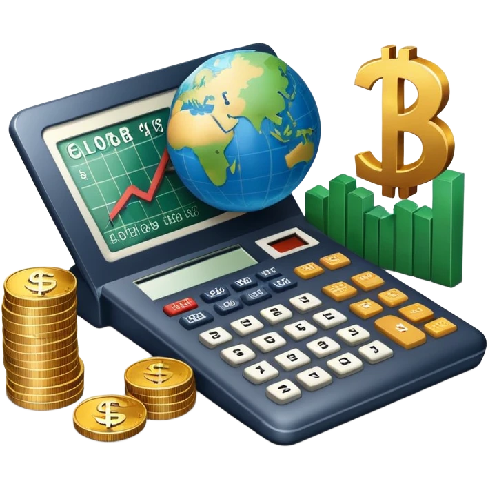 An icon featuring a calculator, a dollar sign, and a chart with upward trends, symbolizing economics. The design includes coins, bills, and a globe, representing global trade and financial systems. Transparent background highlights the study of markets, supply, and demand. emoji