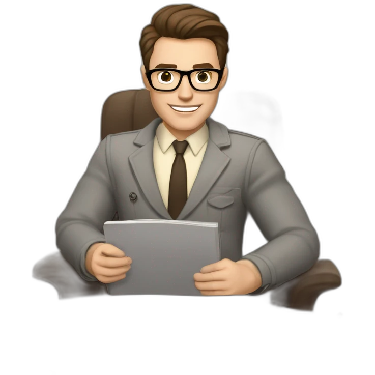 Pale skinned Fit Man With dark brown hair in gray jacket, beige office shirt, Brown pants and vintage glasses sitting In a soft chair with a notebook on spring with emblem Ψ and a pen emoji