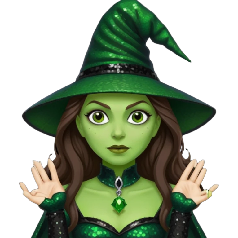 The Wicked Witch from Oz with long brown hair, green skin, black sequin outfit emoji