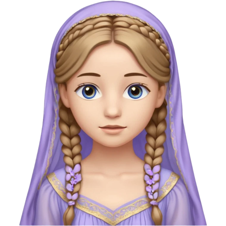 Joven de unos 20 años, de aspecto dulce y elegante.
Piel clara, ojos (pueden ser azules o verdes)
Rubio o castaño claro, largo, con trenzas o velo.
Vestido largo de tonos suaves (blanco, azul o lavanda), con bordados dorados; un manto o toca fina cubriendo la cabeza. se vea todo el cuerpo emoji