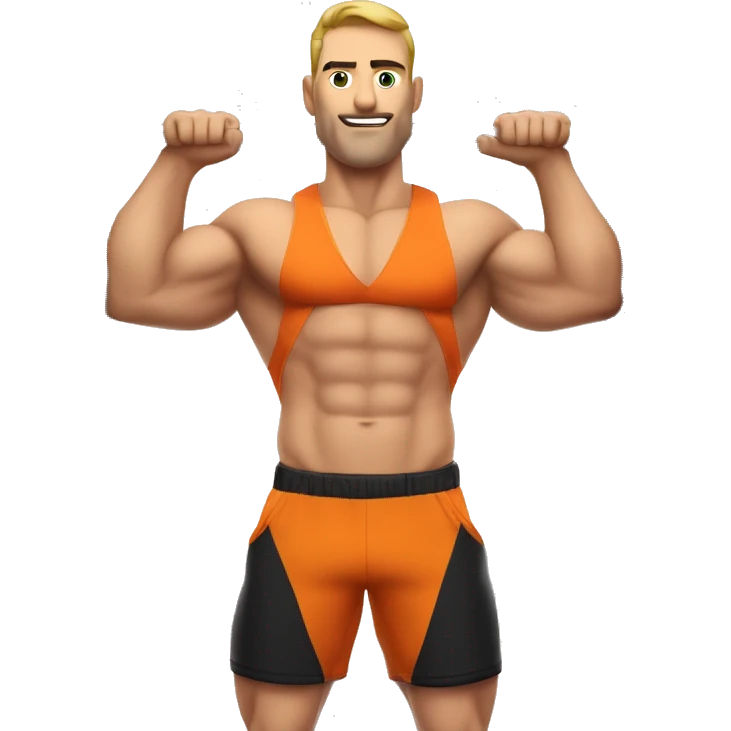 Muscular , bold , Caucasian man in orange t-shirt , black shorts and orange sneakers hanging with only right hand on pull-up bar. Pull up bar is clearly visible emoji