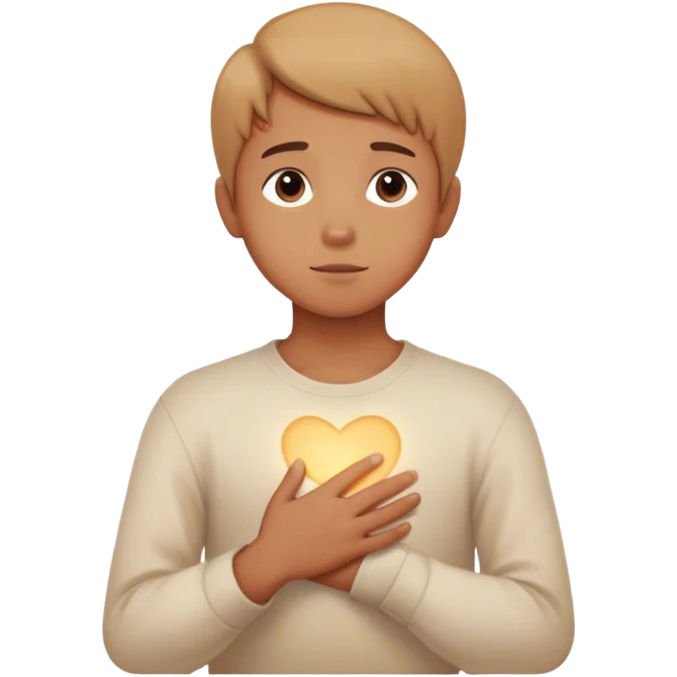 A person sitting still with their hand gently placed on their chest. A soft, warm light begins to emerge from within.  faint, blurred images of childhood moments float in the air, still distant slowly clearer as they focus on present emoji