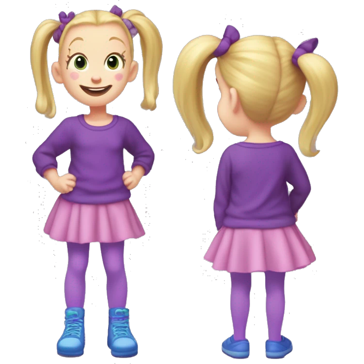 A little blonde girl with pigtails and little purple bows wearing a red long-sleeved shirt and purple overalls skirt with blue tights with green polka dots and purple sneakers, full body, rugrats emoji