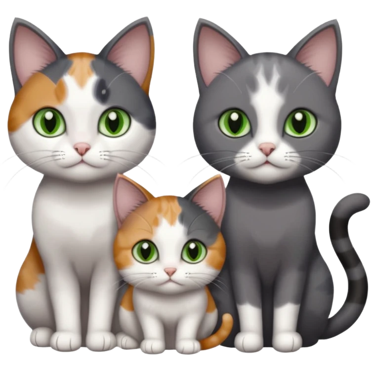 3 different coloured small cats including a dark grey and white, and a patchy calico with hazel eyes  and a completely solid dark grey with green eyes and only white paws emoji