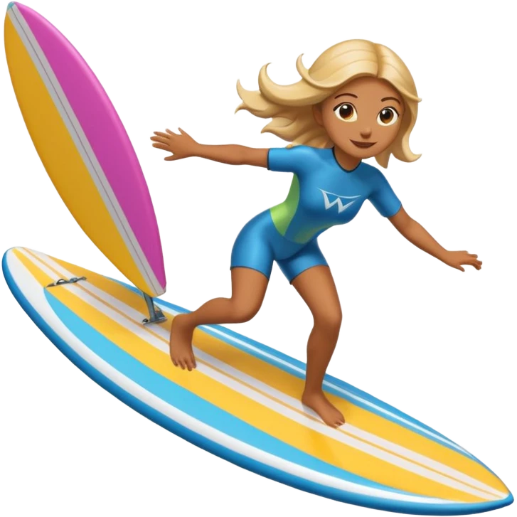 High-resolution detailed emoji of a wingfoil surfer girl, vibrant and expressive style. She is riding a hydrofoil board above ocean waves, holding an inflated wing sail overhead.  emoji
