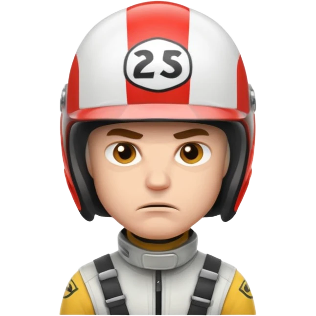 white male racer in helmet, crazy look, taking risks, very serious face, angry emoji