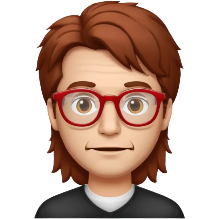 slightly elongated face of a man with red glasses and a big set of brown hair emoji