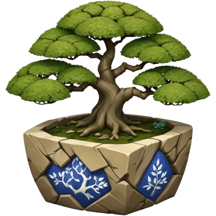 American very old broken cracked intricate Stone Age rocky-crusted dodecahedron-shaped shallow dark moss rough bark blue willow flower maple tree bonsai pot emoji