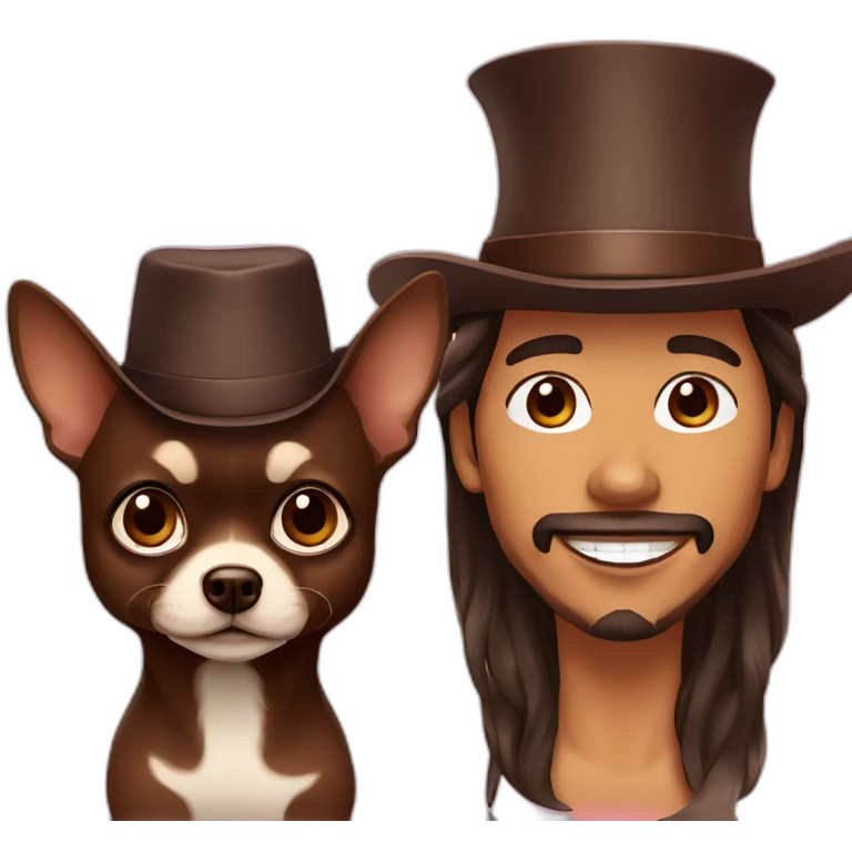 Latino man with stubble beard, lady with flat brim hat and chocolate long-haired chihuahua emoji