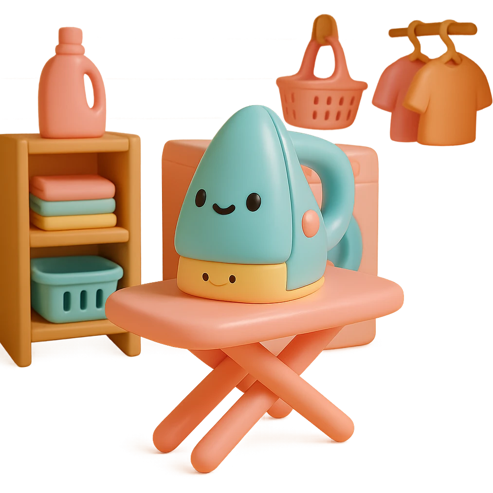 Place the vinyl figure style iron and ironing board in a cozy laundry room scene, with playful details and soft lighting, keeping the vinyl-figure look. emoji