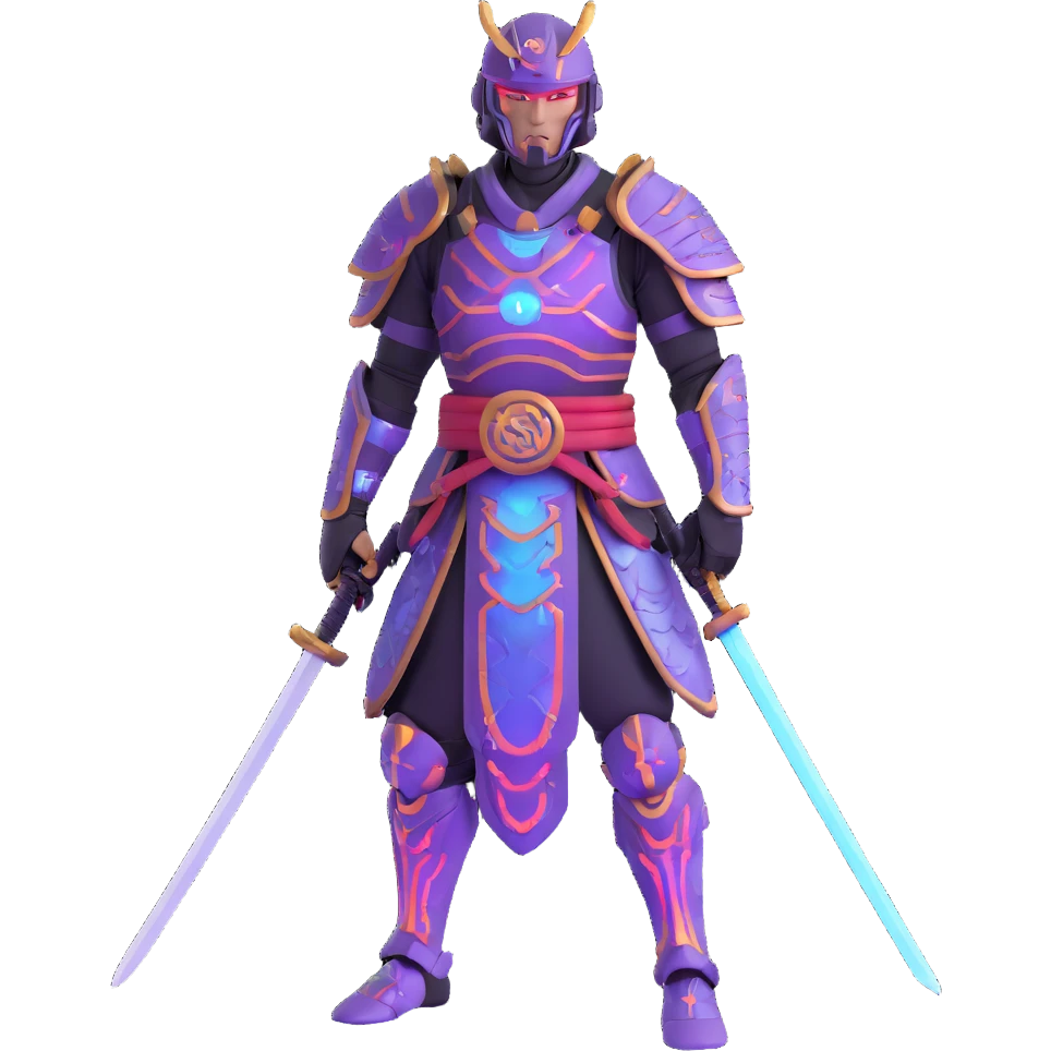 cyborg male samurai in neon cyberpunk environment with holographic armor emoji