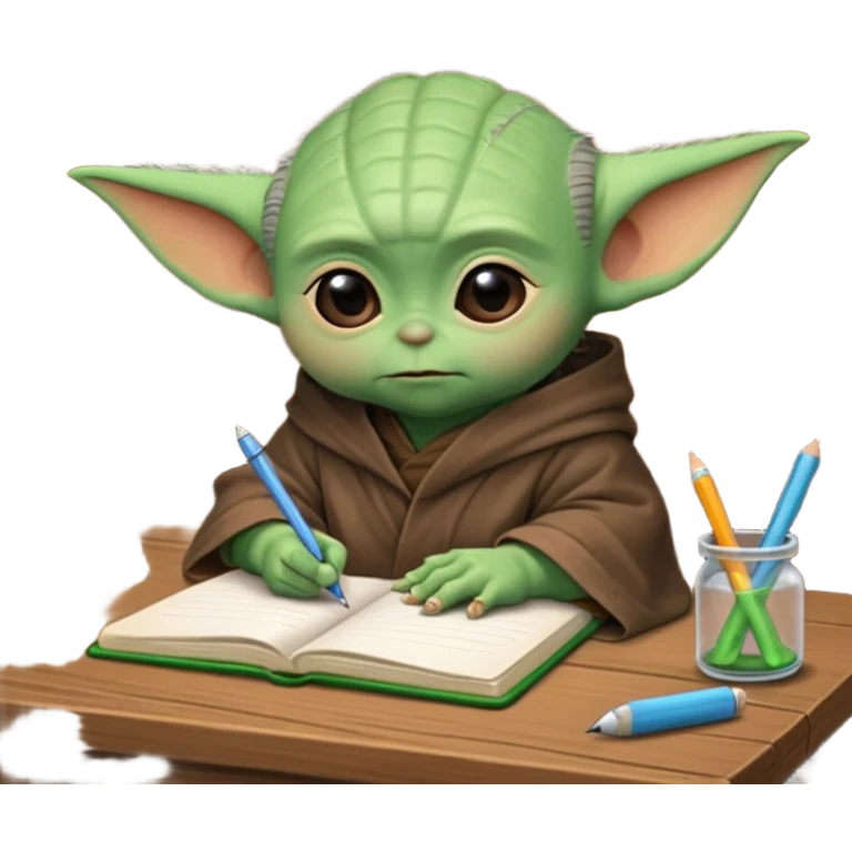 Baby Yoda con su tunica chocolate escribiendo en un cuaderno sobre un escritorio emoji