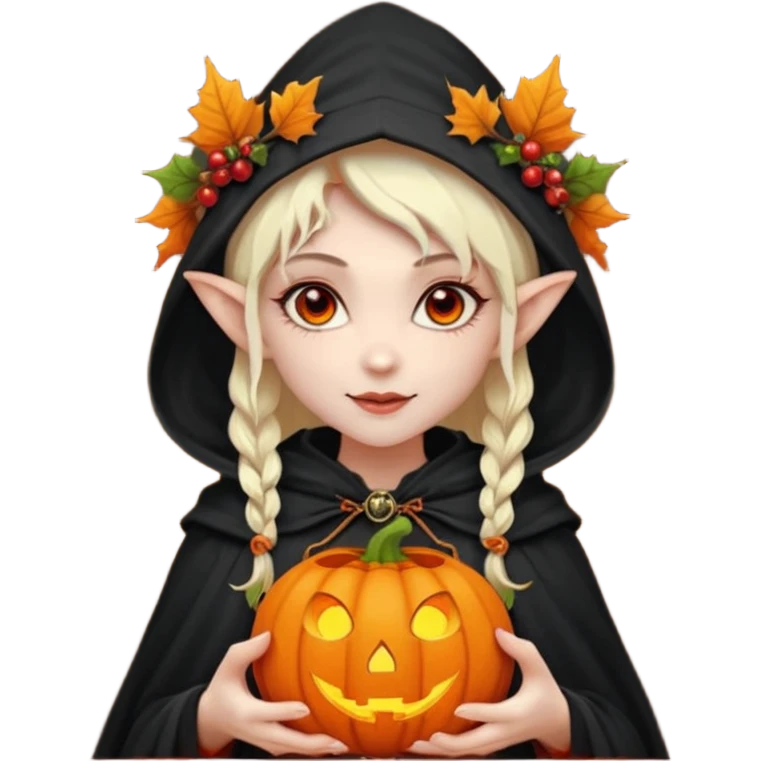 female elf vampire emoji, pale skin, red eyes, elegant face, autumn leaf and pumpkin wreath on head, black hooded cloak with cobweb details, holding small glowing pumpkin lantern, Halloween fantasy theme, Apple emoji style, clean white background, square emoji