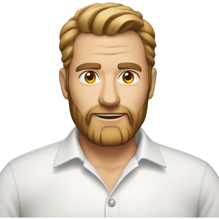 middle aged english man, short slicked back hair dark blonde, dark blonde medium length size full beard, wearing only a plain white smart shirt unbuttoned. emoji