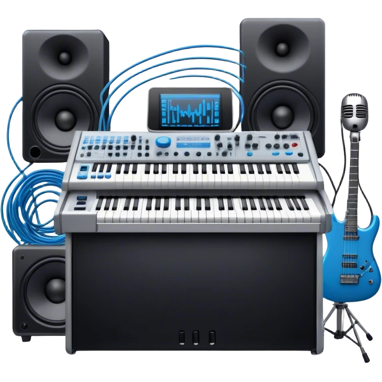 Create a professional and detailed emoji that represents sound design. The design should feature a high-end studio synthesizer (like the Korg), a sound mixing console with visible wires, large studio speakers, and a microphone to symbolize the essential equipment in sound design. Add musical note waves flowing around the equipment to emphasize the connection between sound creation and musical composition. Use sleek, modern colors like black, silver, and neon blue to represent the professional and futuristic nature of sound design. The background should be transparent. emoji