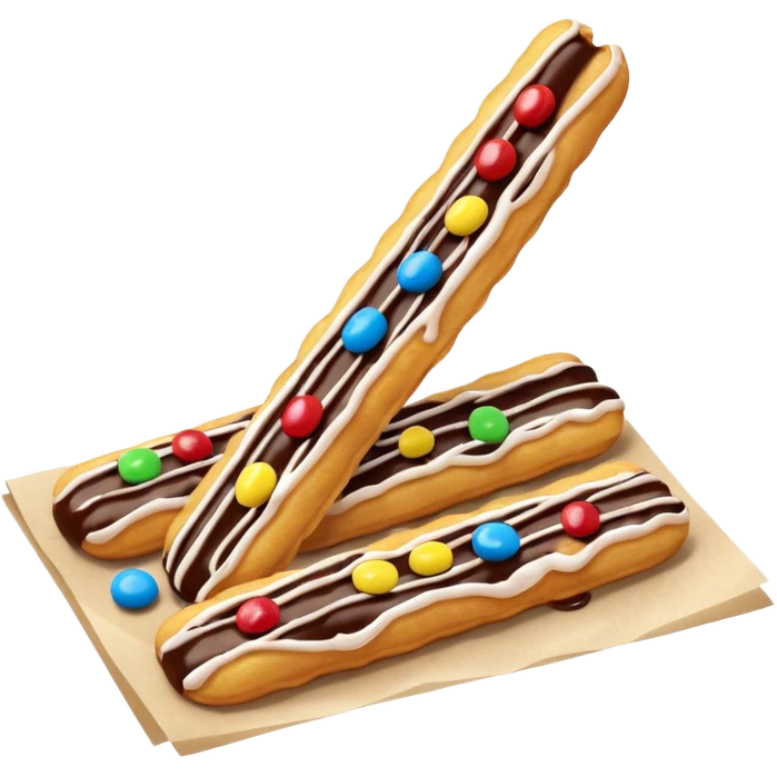 Add chocolate drizzle and m&ms on top of the crispy golden churros, put then on a paper emoji