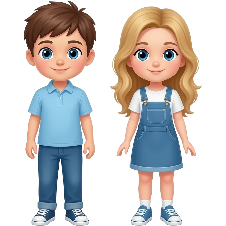 chico y chica el chico castanyo i con pelo corto y la chica pelo suelto y un poco rubia pero castaño  y los dos tienen ojos azules son hermanos estan depie se les ve los pies emoji