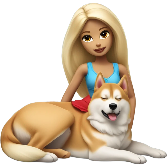 Pretty blonde Barbie napping with red Siberian Husky  emoji
