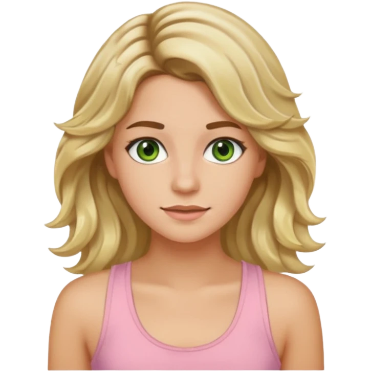 ca you make her hair a 20-year-old girl with long wavy hair brown roots blonde highlights green eyes brown eyebrows good summer tan iPhone emoji style with light pink tank top can you make her hair a little longer please emoji