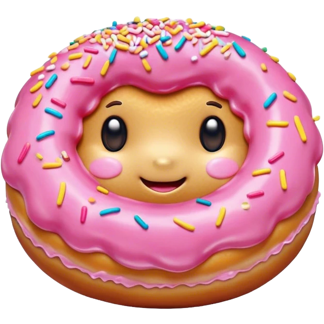 Cinematic tiny happy donut, round and fluffy, golden brown with pink icing and sprinkles, tiny adorable face with blushing cheeks, warm glowing background. emoji