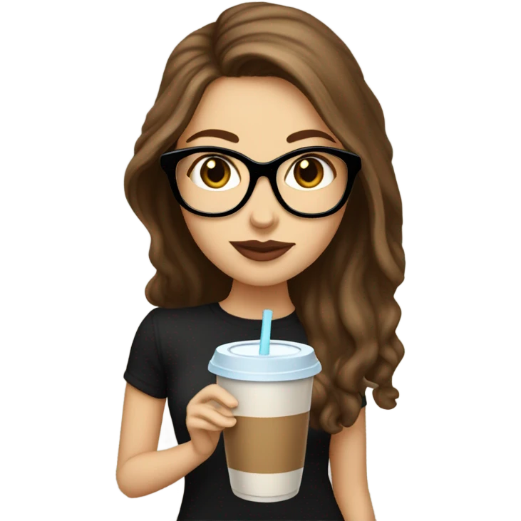White girl with long brown hair and black glasses and big lips with iced coffee emoji