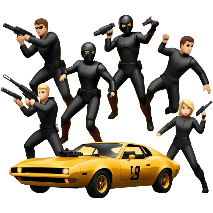 Photorealistic Icon for Action Movies: Dynamic collage of iconic action movie scenes featuring explosions, fast cars, combat, and weapons. Include silhouettes of famous action heroes, dramatic lighting, and a sense of high-octane energy. Transparent background. emoji