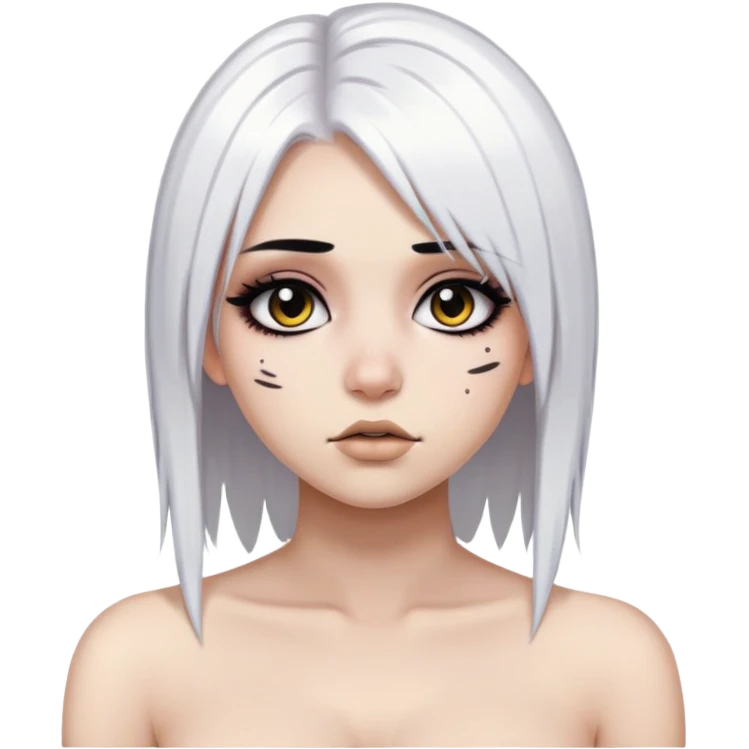 girl with straight white hair with big naked boobs with piercing with emo makeup, looks like hofmanitta emoji