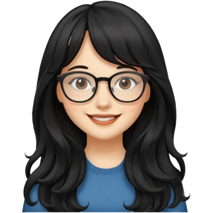 Please generate a portrait of a pretty girl with long, wavy, black hair. She's smiling. She also wears a middle parting and bangs. with glasses emoji