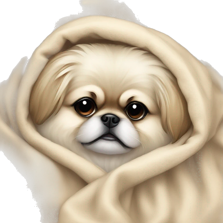 White Pekingese cozy in beige blanket emoji