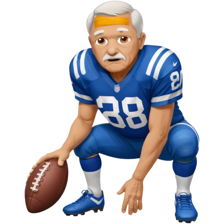 A grandpa playing football wearing an Indianapolis Colts jersey is. Show him kind of crouch down to the ground, holding the football and show the name rivers on the back of his jersey. emoji