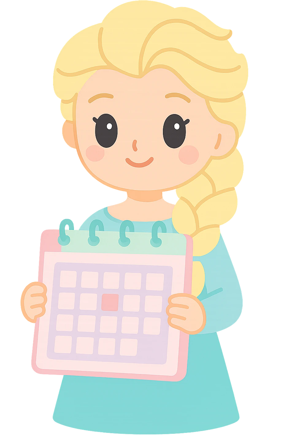 Elsa holding a calendar, bright and cute style, no background emoji