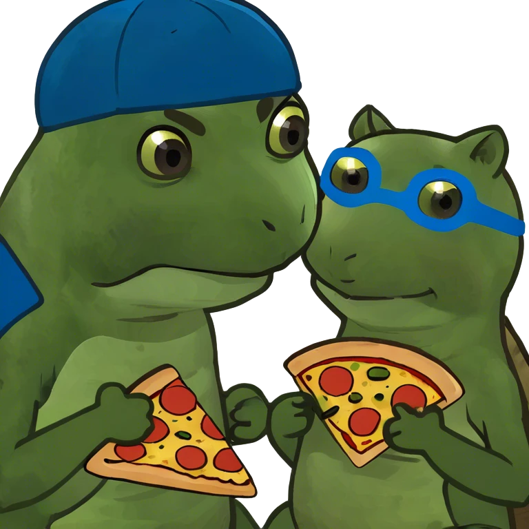 ninja turtle with blue eye mask and squirrel best friend eating pizza together  emoji
